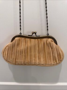 Elegant Pleated Champagne Satin Clutch with Chain Strap